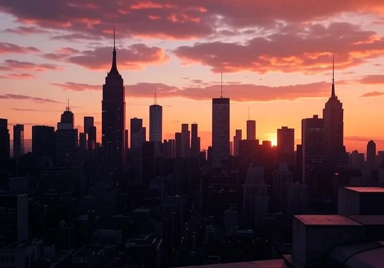 Skyline view of modern city with towering skyscrapers at sunset on Skyscraper Day Skyline view of modern city with towering skyscrapers at sunset on Skyscraper Day